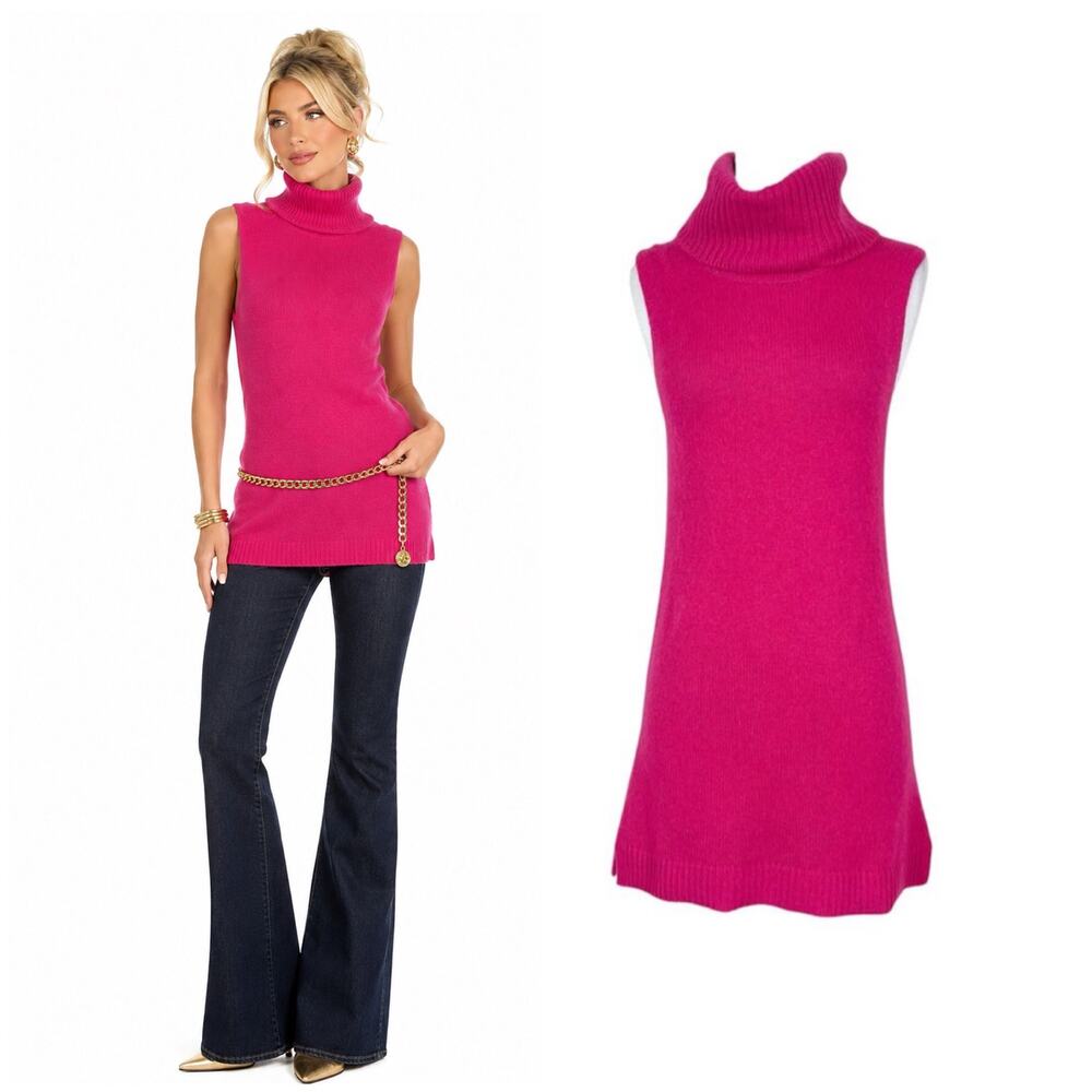 Theory | Cashmere Chantal Hot Pink Knit Sleeveless Turtleneck Tunic Sweater M